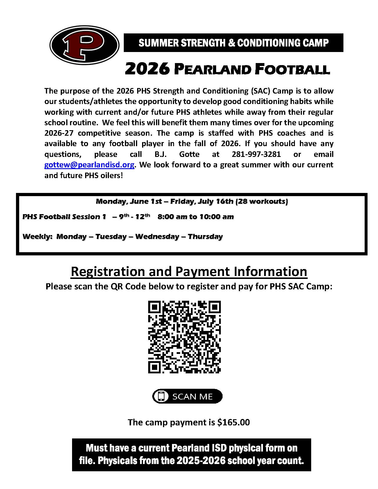 Pearland Oiler FOOTBALL Strength and Speed Camp 2026